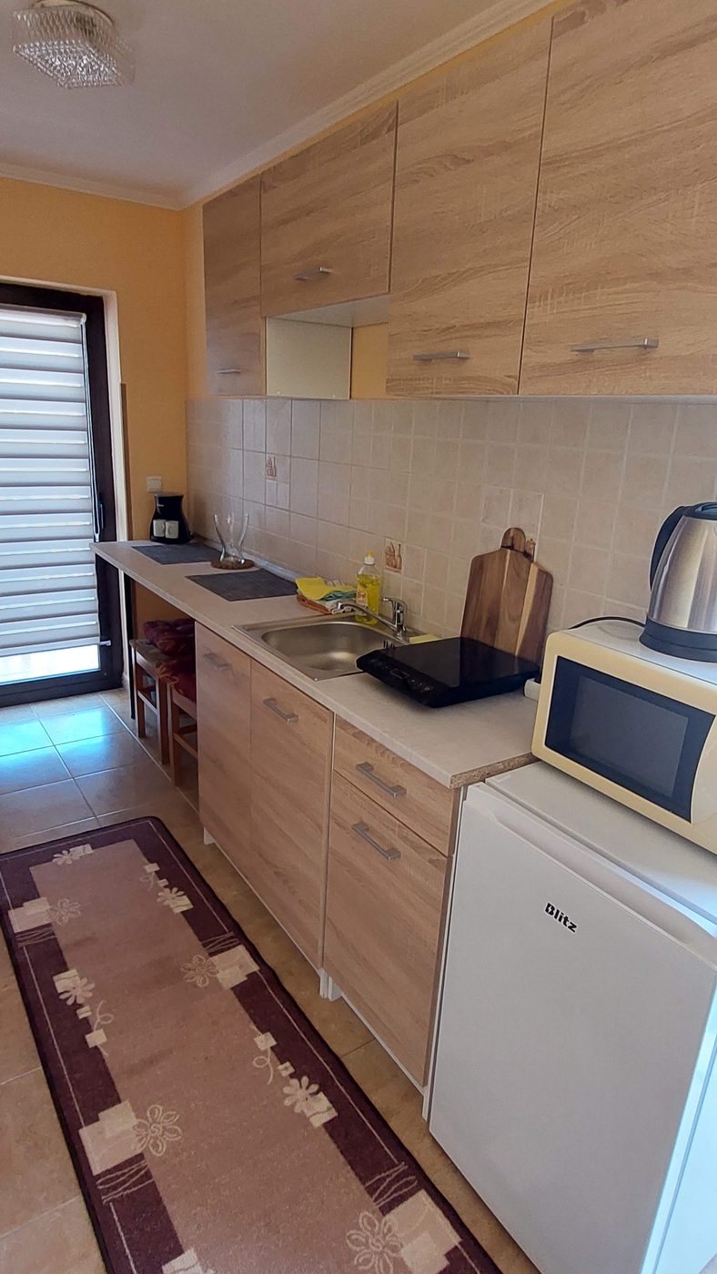 Kuhinja s mikrovalnom, kuhalom, hladnjakom i izlazom na balkon